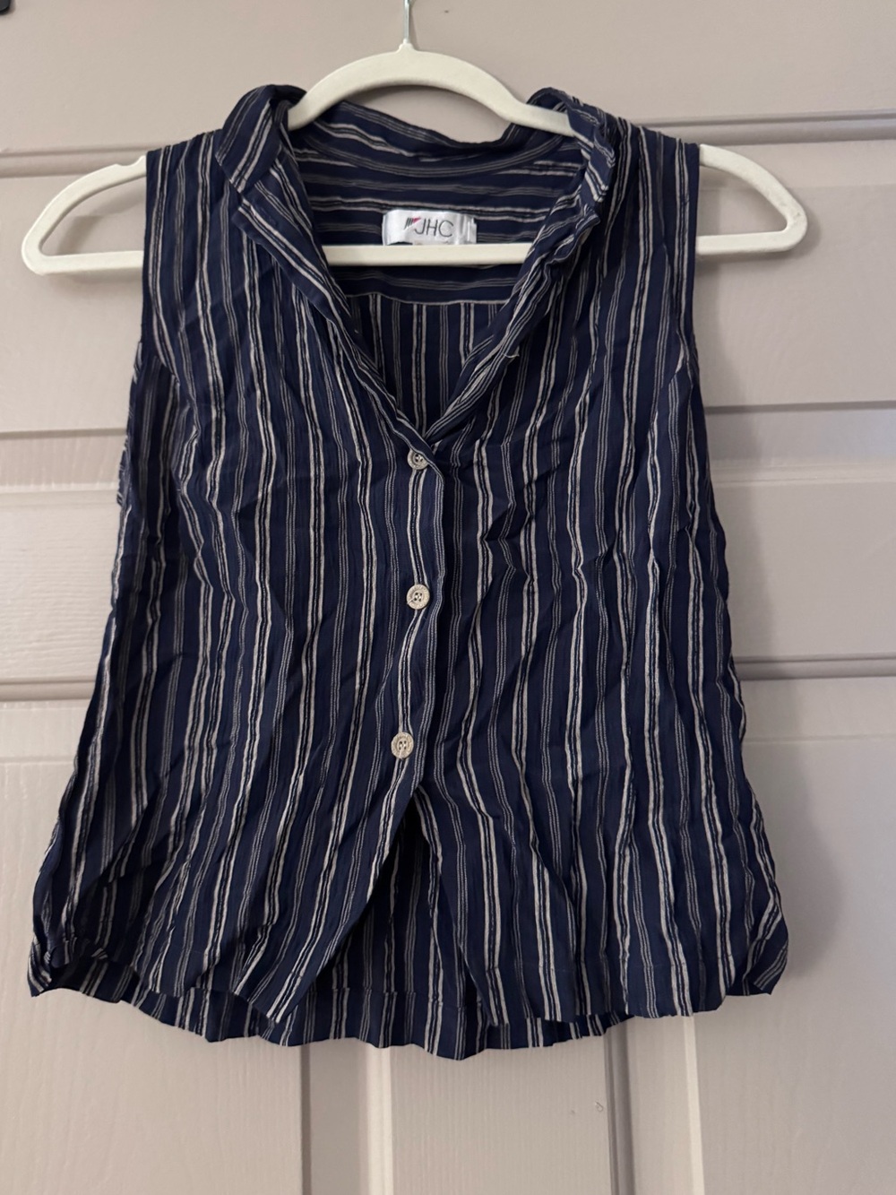 Vintage Sleeveless Navy Stripe Button-Front Top